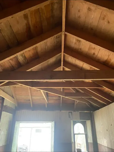 Roof timbers from below, looking toward the gable